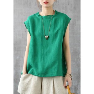 Stylish Green O-Neck Sleeveless Linen Summer Tops