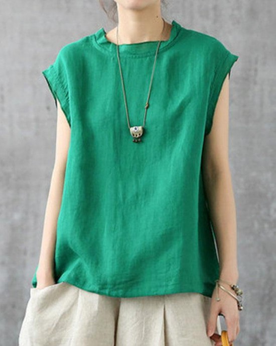Stylish Green O-Neck Sleeveless Linen Summer Tops Stylish Green O-Neck Sleeveless Linen Summer Tops