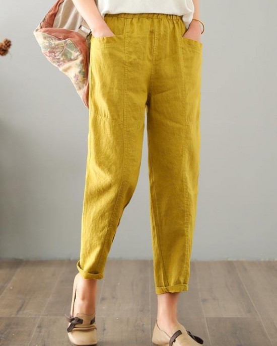 Natural Yellow Pockets Cotton Linen Pants Summer Natural Yellow Pockets Cotton Linen Pants Summer