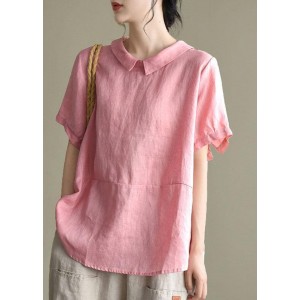 Simple Pink Peter Pan Collar Patchwork Summer Linen Blouses