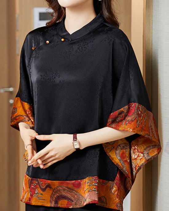 Vintage Black Mandarin Collar Asymmetrical Patchwork Jacquard Silk Shirts Batwing Sleeve Vintage Black Mandarin Collar Asymmetrical Patchwork Jacquard Silk Shirts Batwing Sleeve