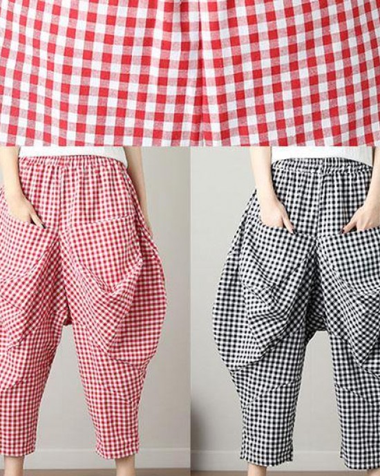 women black plaid casual cotton pants plus size big pockets crop pants women black plaid casual cotton pants plus size big pockets crop pants