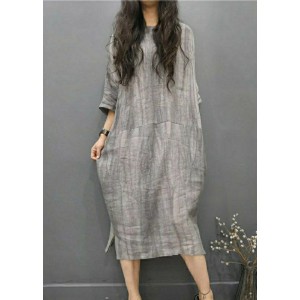 Beautiful Grey O-Neck Wrinkled Side Open Linen Long Dress Batwing Sleeve