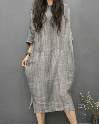 Beautiful Grey O-Neck Wrinkled Side Open Linen Long Dress Batwing Sleeve