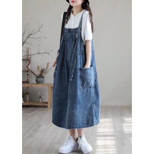 Plus Size Blue drawstring pocket Spaghetti Strap Cotton denim Dress Spring