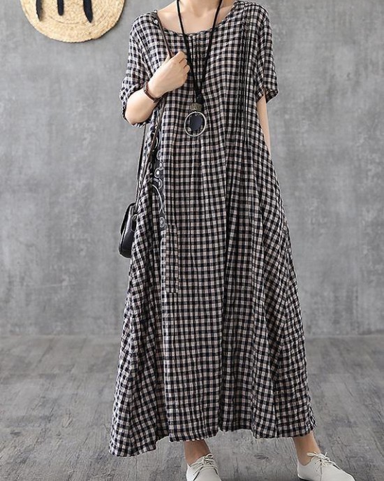 Vivid patchwork linen quilting dresses Runway black plaid Dresses summer Vivid patchwork linen quilting dresses Runway black plaid Dresses summer