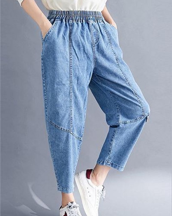 Classy Spring Women Pants Fashion Denim Blue Photography Elastic Waist Patchwork Pant Classy Spring Women Pants Fashion Denim Blue Photography Elastic Waist Patchwork Pant