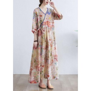 Simple Print V Neck Floral Summer Tie Waist Long Dresses Half Sleeve