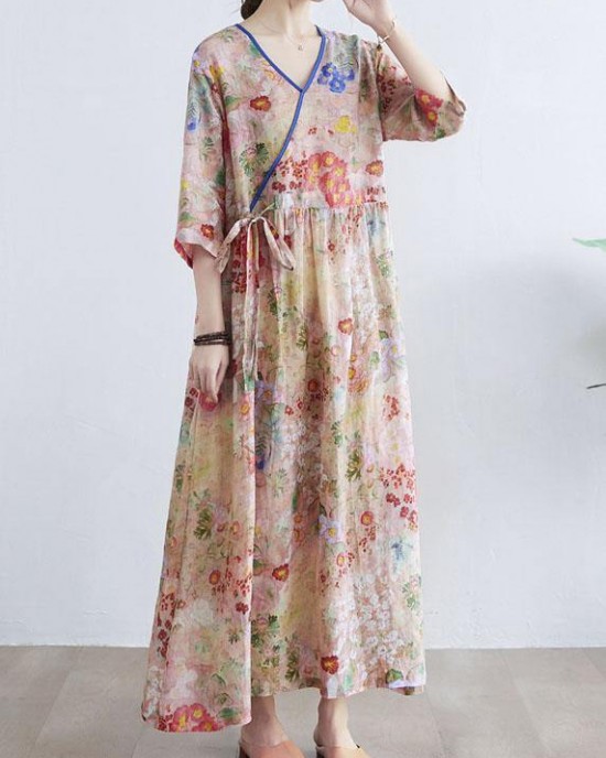 Simple Print V Neck Floral Summer Tie Waist Long Dresses Half Sleeve Simple Print V Neck Floral Summer Tie Waist Long Dresses Half Sleeve