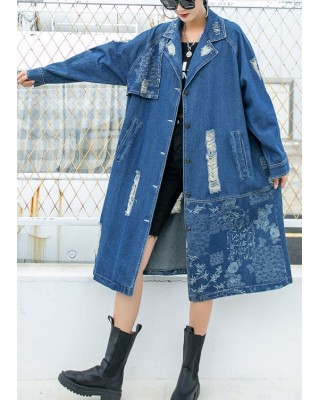 Beautiful Blue PeterPan Collar Button Pockets Print Hole Fall Long sleeve Trench Coat