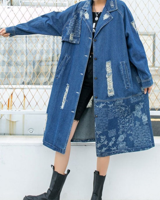 Beautiful Blue PeterPan Collar Button Pockets Print Hole Fall Long sleeve Trench Coat Beautiful Blue PeterPan Collar Button Pockets Print Hole Fall Long sleeve Trench Coat