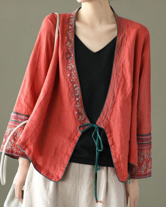 Women Red Embroideried Long sleeve Linen Shirt Women Red Embroideried Long sleeve Linen Shirt