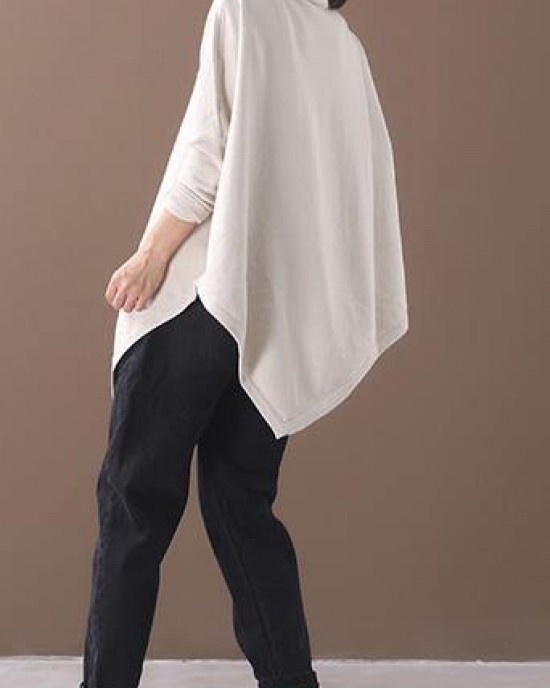 DIY asymmetric hem cotton high neck blouses for women Fabrics beige white tops DIY asymmetric hem cotton high neck blouses for women Fabrics beige white tops