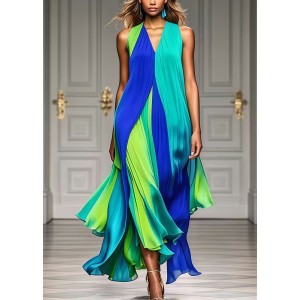 Modern Colorblock V Neck Patchwork Exra Large Hem Chiffon Beach Dress Summer