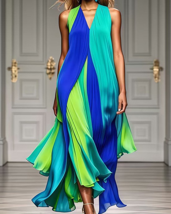 Modern Colorblock V Neck Patchwork Exra Large Hem Chiffon Beach Dress Summer Modern Colorblock V Neck Patchwork Exra Large Hem Chiffon Beach Dress Summer