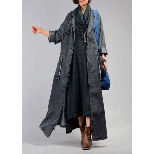 New plus size maxi coat fall denim black Notched Large pockets coat for woman