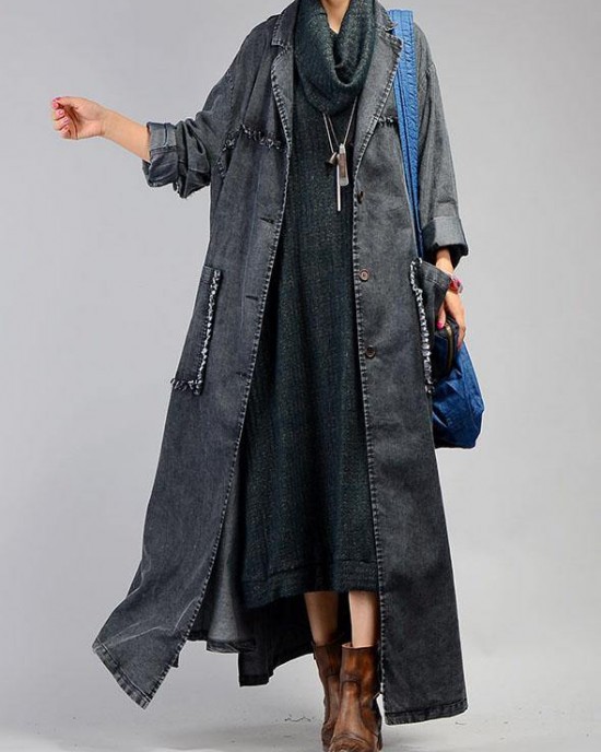 New plus size maxi coat fall denim black Notched Large pockets coat for woman New plus size maxi coat fall denim black Notched Large pockets coat for woman