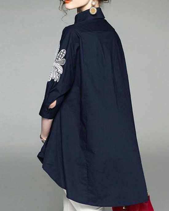 Handmade Blue Peter Pan Collar Embroidered Asymmetrical Design Cotton Long Shirt Half Sleeve Handmade Blue Peter Pan Collar Embroidered Asymmetrical Design Cotton Long Shirt Half Sleeve