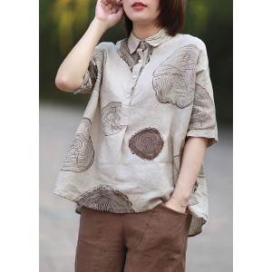 Vintage Beige Peter Pan Collar Print Summer Linen Blouses Half Sleeve