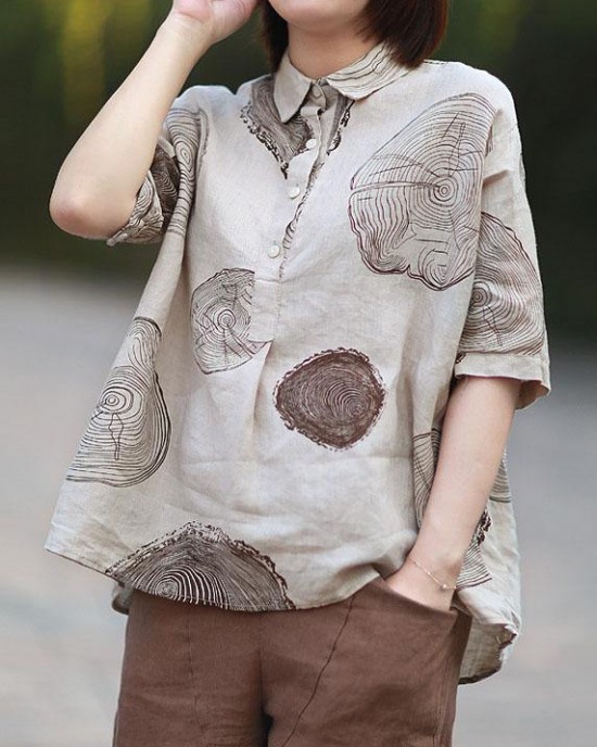 Vintage Beige Peter Pan Collar Print Summer Linen Blouses Half Sleeve Vintage Beige Peter Pan Collar Print Summer Linen Blouses Half Sleeve