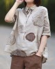 Vintage Beige Peter Pan Collar Print Summer Linen Blouses Half Sleeve Vintage Beige Peter Pan Collar Print Summer Linen Blouses Half Sleeve