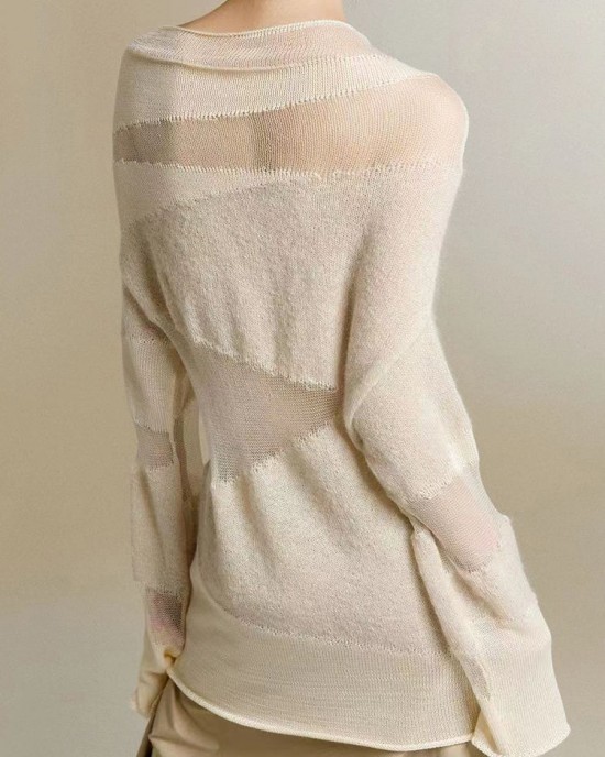 Slim Fit Beige Turtleneck Tulle Patchwork Thin Knit Top Fall Slim Fit Beige Turtleneck Tulle Patchwork Thin Knit Top Fall