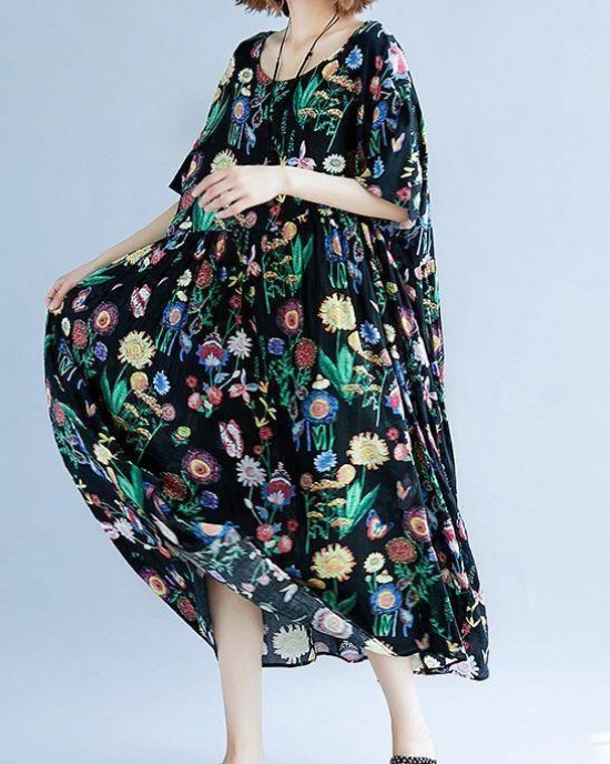 Women o neck Cinched cotton linen summer outfit Tutorials black print Dress Women o neck Cinched cotton linen summer outfit Tutorials black print Dress