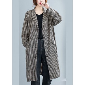 Plus Size Khaki PeterPan Collar Button Pockets Striped Fall Long sleeve Trench coats