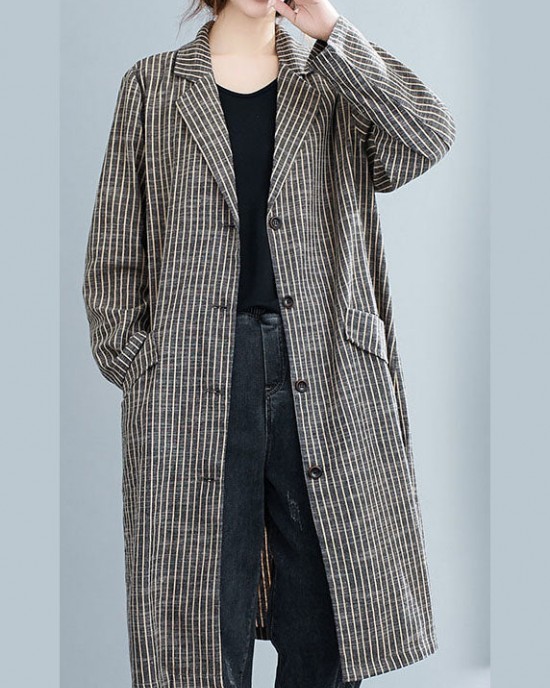 Plus Size Khaki PeterPan Collar Button Pockets Striped Fall Long sleeve Trench coats Plus Size Khaki PeterPan Collar Button Pockets Striped Fall Long sleeve Trench coats