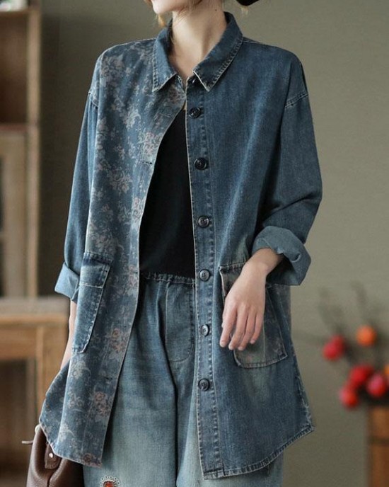 Classy Big Flower Print Patchwork Blouse Tops Denim Jacket Classy Big Flower Print Patchwork Blouse Tops Denim Jacket