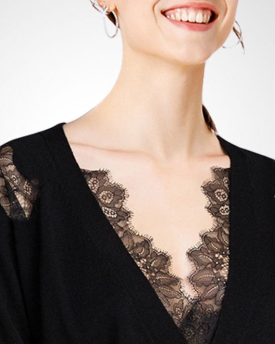 Women Black V Neck Lace Patchwork Hollow Out Wool Knitted Tops Winter Women Black V Neck Lace Patchwork Hollow Out Wool Knitted Tops Winter