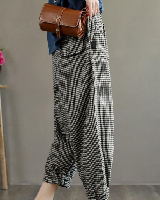 Bohemian Plaid Pockets Summer Linen Pants Bohemian Plaid Pockets Summer Linen Pants