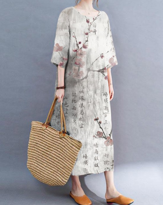 Modern Color Block Loose O-Neck Print Summer Side Open Dress Half Sleeve Modern Color Block Loose O-Neck Print Summer Side Open Dress Half Sleeve