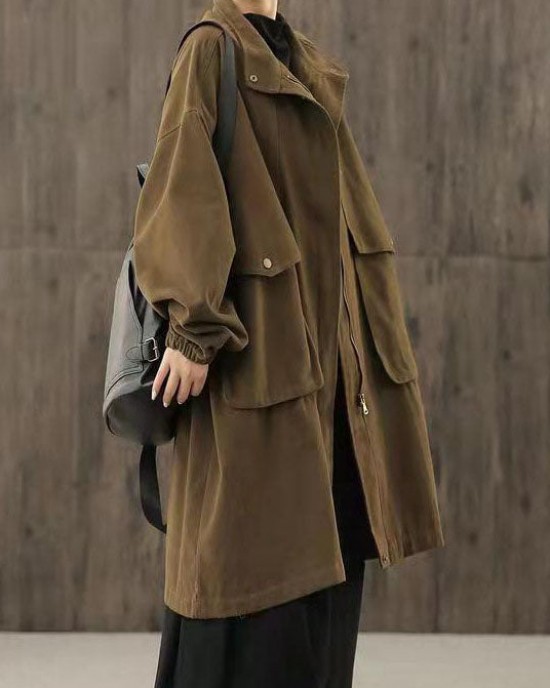 Handmade Chocolate Casual zippered Pockets Patchwork Fall trench coats Handmade Chocolate Casual zippered Pockets Patchwork Fall trench coats