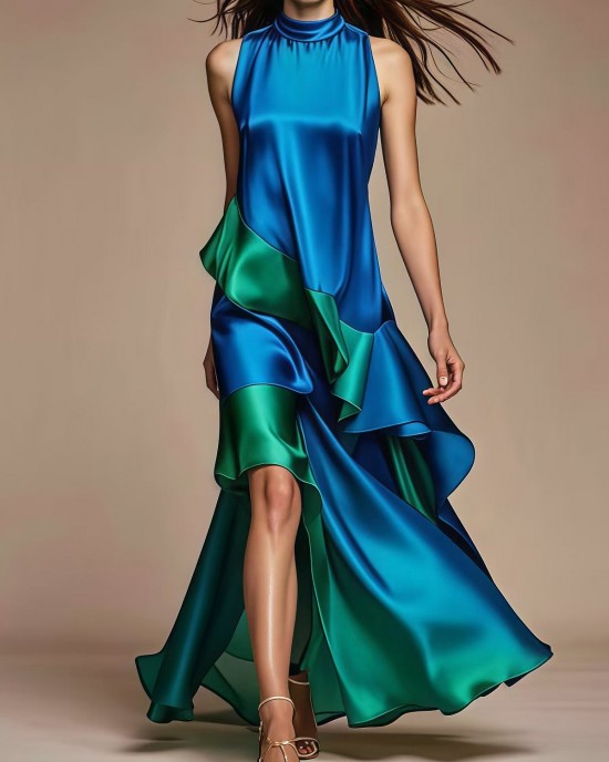 Italian Royal Blue Asymmetrical Patchwork Silk Dress Summer Italian Royal Blue Asymmetrical Patchwork Silk Dress Summer