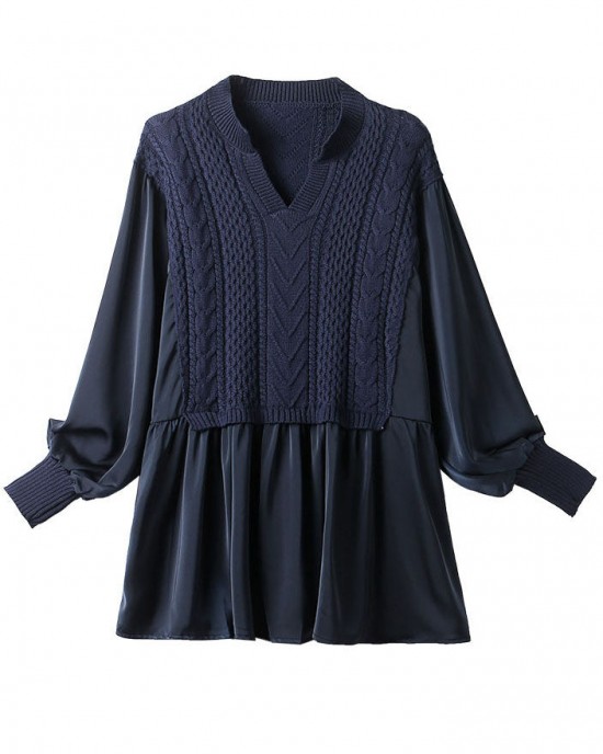 Navy Knit Blouses Puff Sleeve Winter Top Navy Knit Blouses Puff Sleeve Winter Top