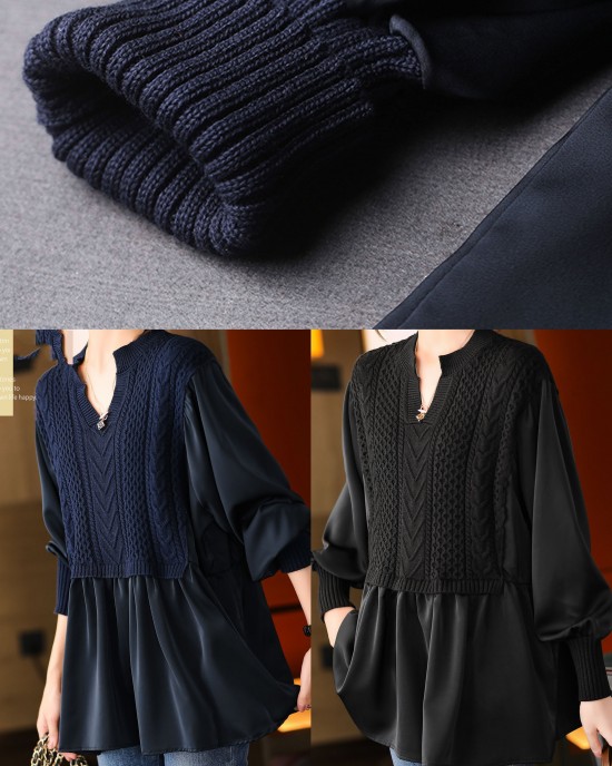 Navy Knit Blouses Puff Sleeve Winter Top Navy Knit Blouses Puff Sleeve Winter Top