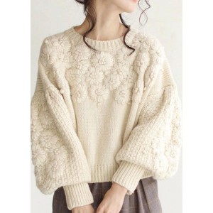 Chic Beige Thick Warm Embroideried Fall Knit sweaters