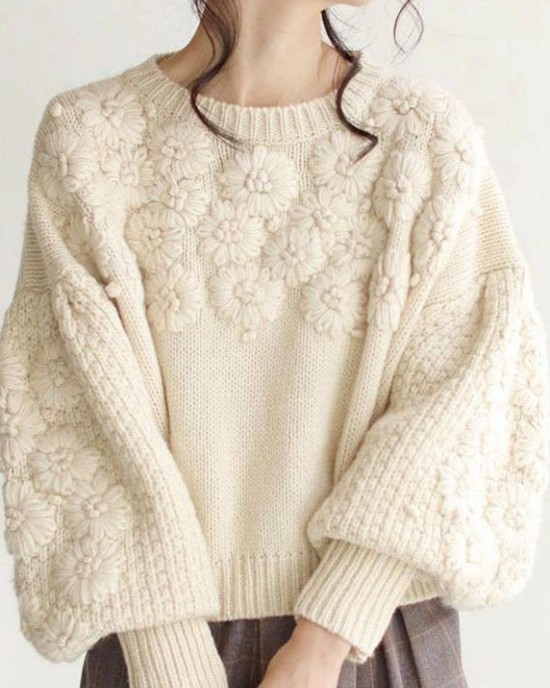 Chic Beige Thick Warm Embroideried Fall Knit sweaters Chic Beige Thick Warm Embroideried Fall Knit sweaters