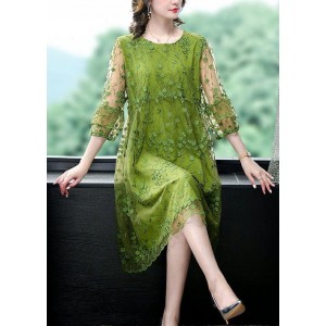 Chic Green O Neck Embroidered Patchwork Tulle Mid Dress Summer