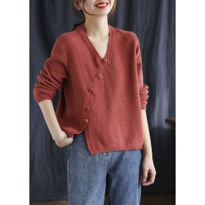Fitted Red V Neck Button Patchwork Fall Knitted Sweaters
