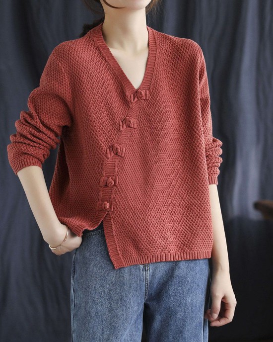 Fitted Red V Neck Button Patchwork Fall Knitted Sweaters Fitted Red V Neck Button Patchwork Fall Knitted Sweaters