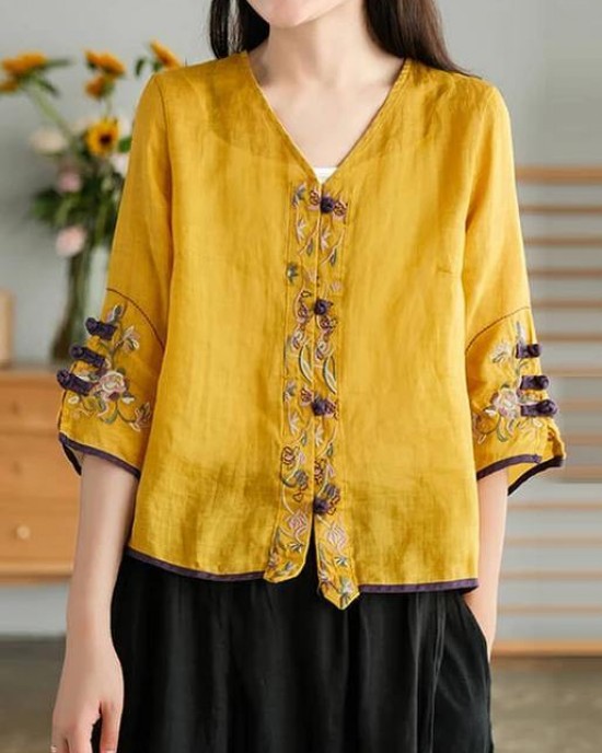 Women Yellow Casual Ramie Cardigan Embroidered Shirt Women Yellow Casual Ramie Cardigan Embroidered Shirt