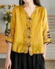 Women Yellow Casual Ramie Cardigan Embroidered Shirt Women Yellow Casual Ramie Cardigan Embroidered Shirt