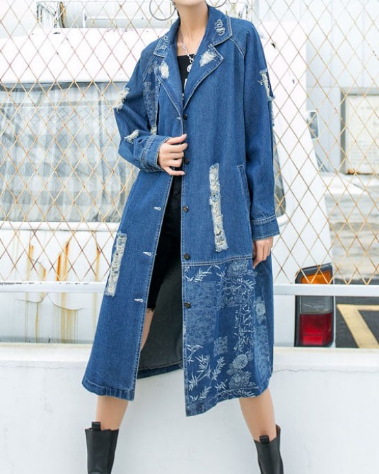 Beautiful Blue PeterPan Collar Button Pockets Print Hole Fall Long sleeve Trench Coat Beautiful Blue PeterPan Collar Button Pockets Print Hole Fall Long sleeve Trench Coat