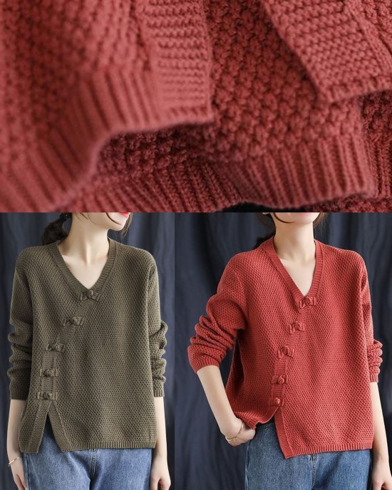 Fitted Red V Neck Button Patchwork Fall Knitted Sweaters Fitted Red V Neck Button Patchwork Fall Knitted Sweaters