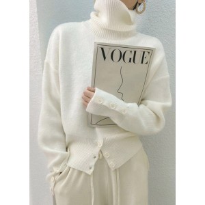 Italian White Hign Neck Button Open Patchwork Knit Sweater Fall