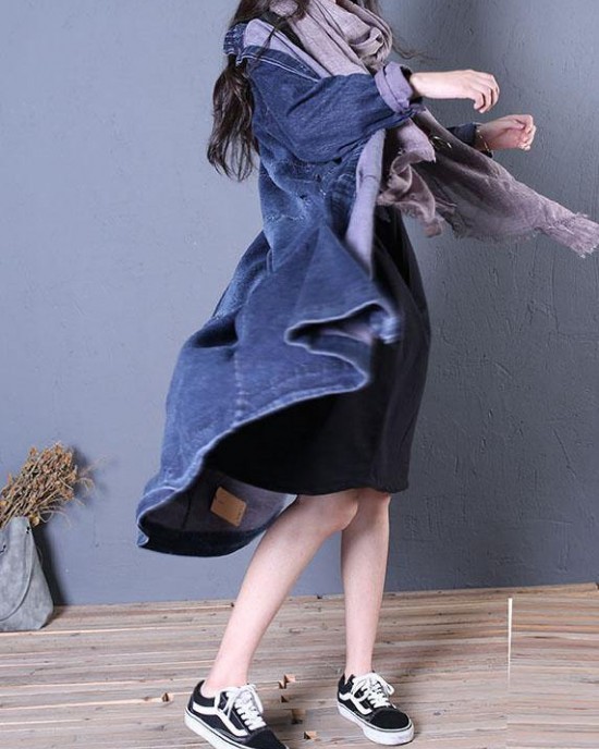 boutique oversize long fall denim blue patchwork Button Down women coats boutique oversize long fall denim blue patchwork Button Down women coats
