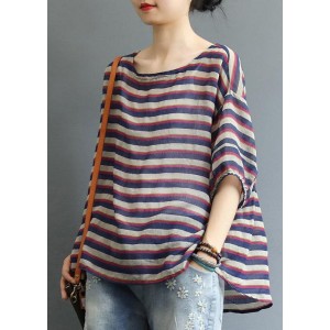 Bohemian Striped O-Neck Asymmetrical Design Print Fall Top