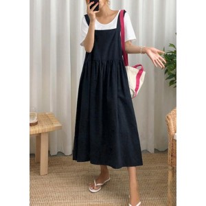 Style Spaghetti Strap Cinched linen cotton clothes For Women Sewing black Dress